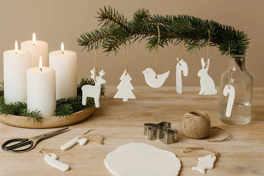 Weiße Weihnachtsanhänger und kleine Winterwichtel zum persönlichen Gestalten