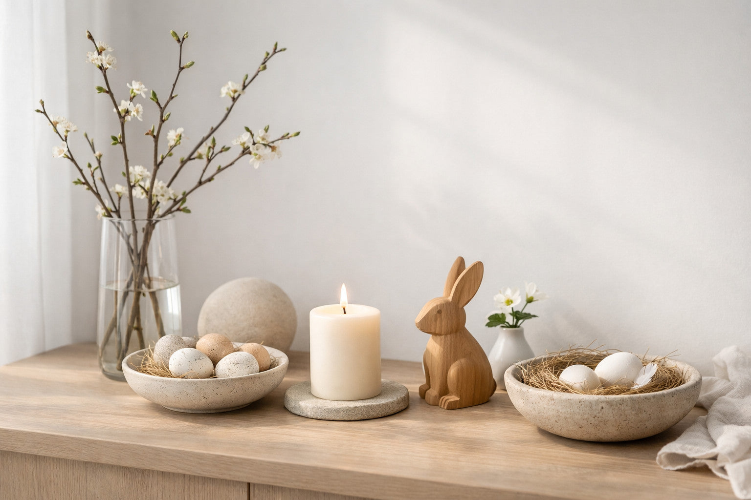 Minimalistische Frühlingsdeko mit Osterakzenten und ruhiger Atmosphäre im modernen Zuhause