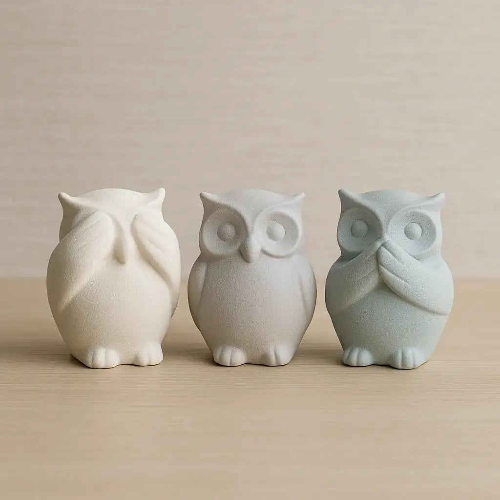Handgemaakte uilenfiguren met de symboliek niets kwaads zien, horen en zeggen