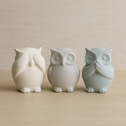 Handgemaakte uilenfiguren met de symboliek niets kwaads zien, horen en zeggen