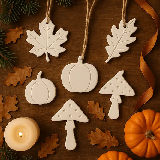 Bemalte herbstliche Anhänger mit Blättern, Kürbis und Naturfarben