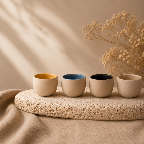 Bilinçli sabah köşesi için KUMO espresso fincanları, kahve ve sade ritüel düzeni