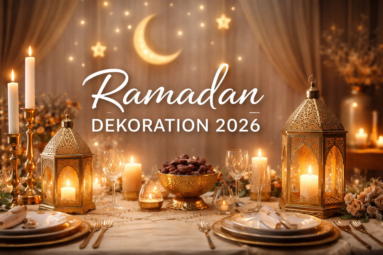 Stilvolle Ramadan Dekoration in Deutschland mit orientalischen Laternen, Kerzen und festlicher Iftar Tisch Dekoration in Goldtönen.