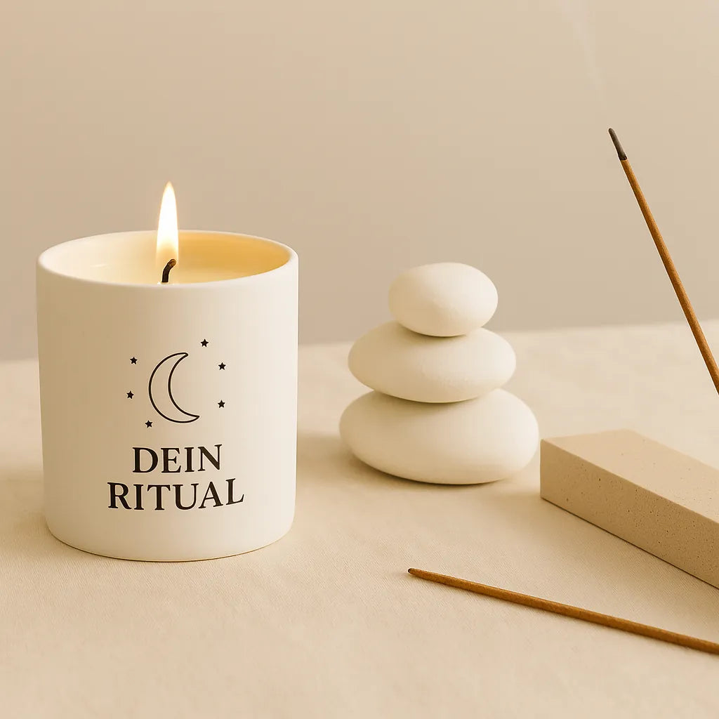 Ritualkerze, Räucherstäbchen und Steine für persönliche Duft- und Abendrituale