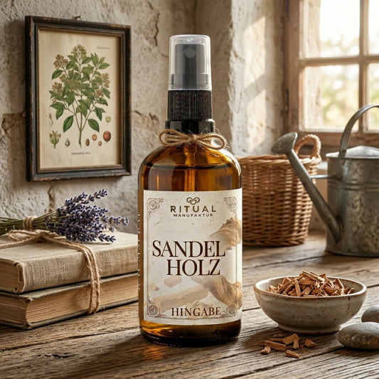 Sandelholz-Raumspray neben einem schlichten Meditationsplatz