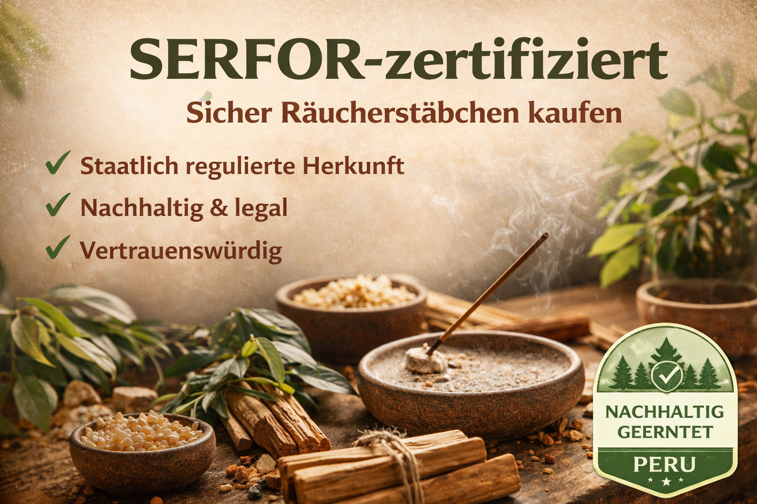 SERFOR-zertifiziertes Räucherwerk mit brennendem Räucherstäbchen – staatlich regulierte Herkunft und nachhaltige Gewinnung aus Peru