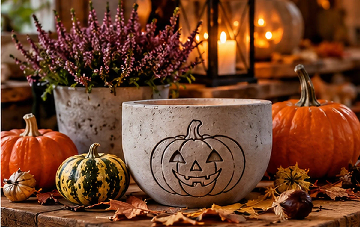 Herfsttafereel met pompoenen, windlicht en bloemen – herkomst van de Halloween-pompoen