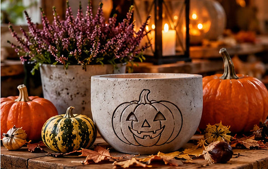 Herfsttafereel met pompoenen, windlicht en bloemen – herkomst van de Halloween-pompoen