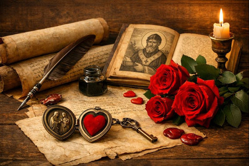 Historische Darstellung zum Ursprung des Valentinstags mit Symbolen der Liebe, Schriftrollen, Kerze und Rosen