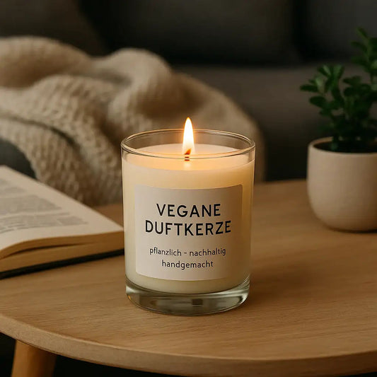 Vegane Duftkerze im Glas mit schlichter Verpackung und Materialangaben