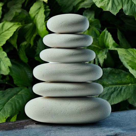 Helle Zen-Steine auf einer Wiese als Symbol für einen achtsamen Naturspaziergang ohne Eingriff in die Umgebung