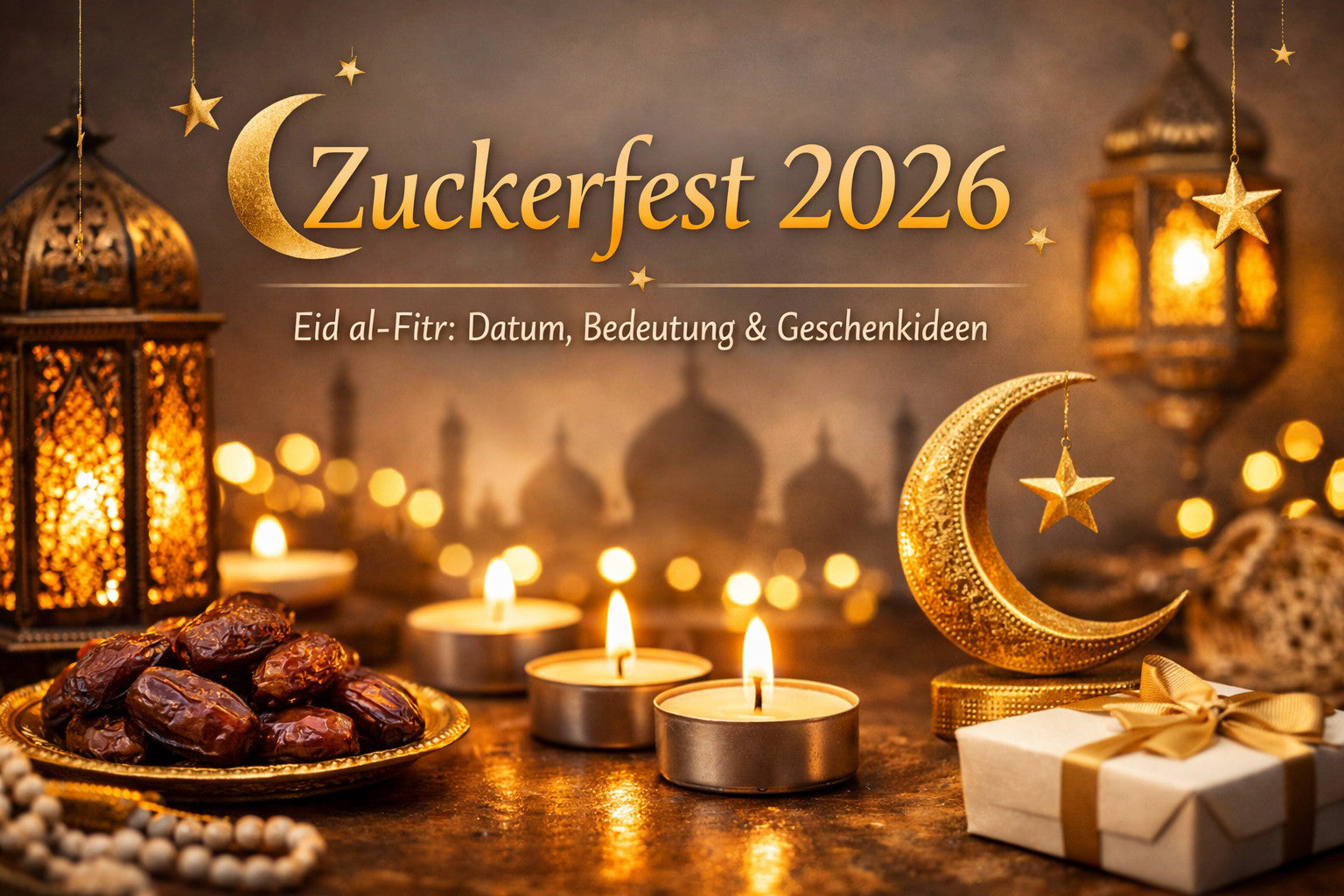 Eid al-Fitr 2026: Dekoration mit Mondsichel, Kerzen und Laternen zum Zuckerfest am 20. März 2026