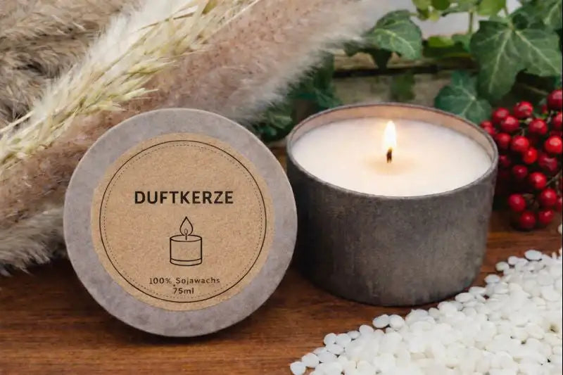 Handgefertigte Duftkerze aus Sojawachs in grauem Gefäß mit brennender Kerze, natürliches Styling mit Pampasgras und Wachsperlen