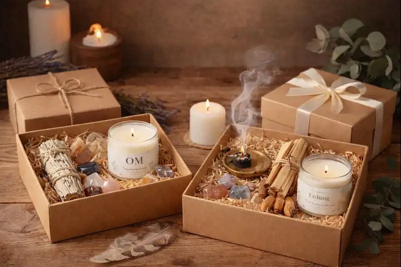 Fertige Geschenksets mit Duftkerze und Räucherwerk als Geschenkidee – handgemacht, nachhaltig verpackt und sofort verschenkbereit.