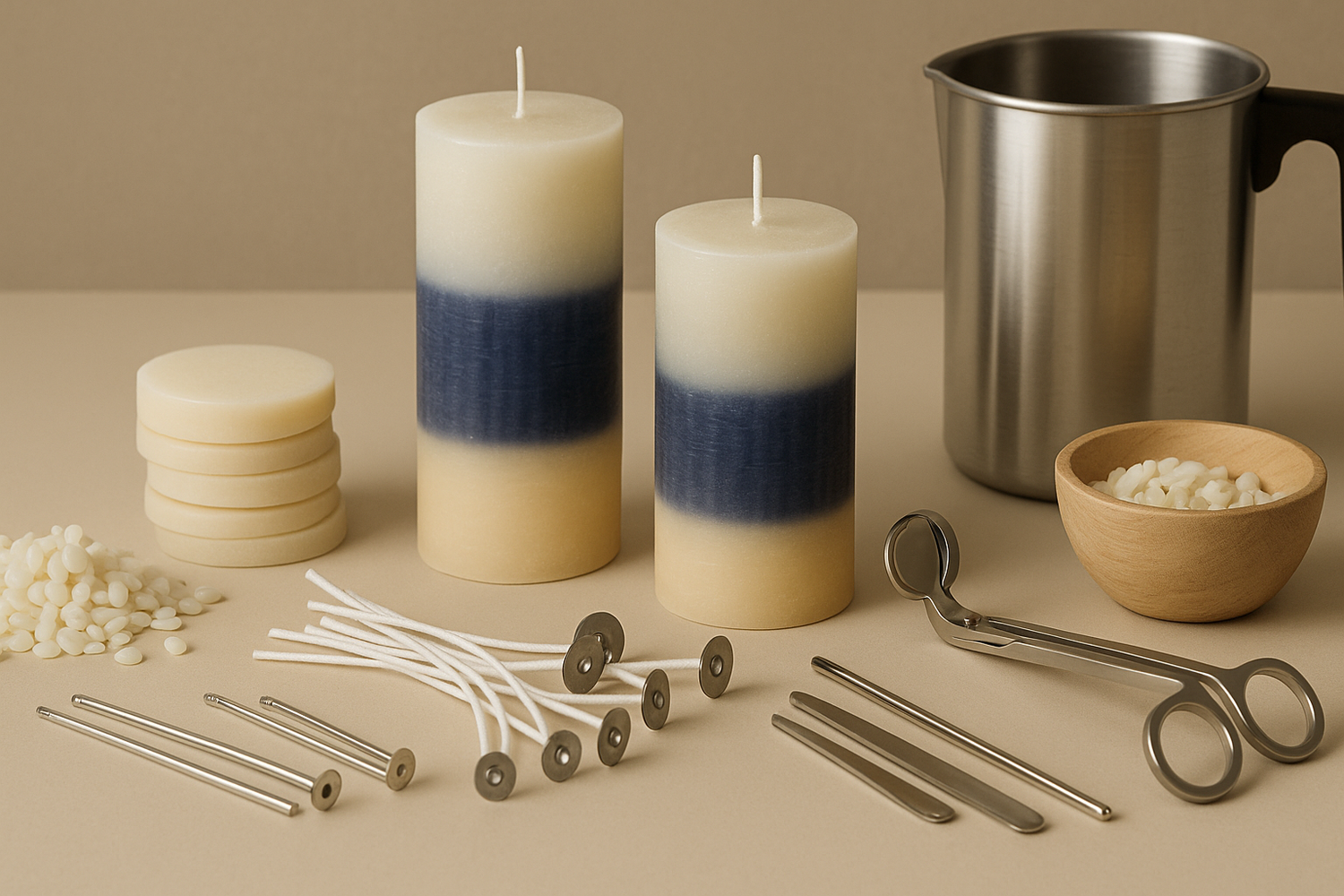 Zubehör für Kerzen mit Dochten, Metallfüßen, Refill-Material und DIY-Werkzeugen auf hellem Tisch – hochwertiges Kerzenzubehör für Refill-Kerzen, DIY-Kerzenherstellung, Ersatzteile und nachhaltige Kerzenprojekte von SteinKunstWerk.