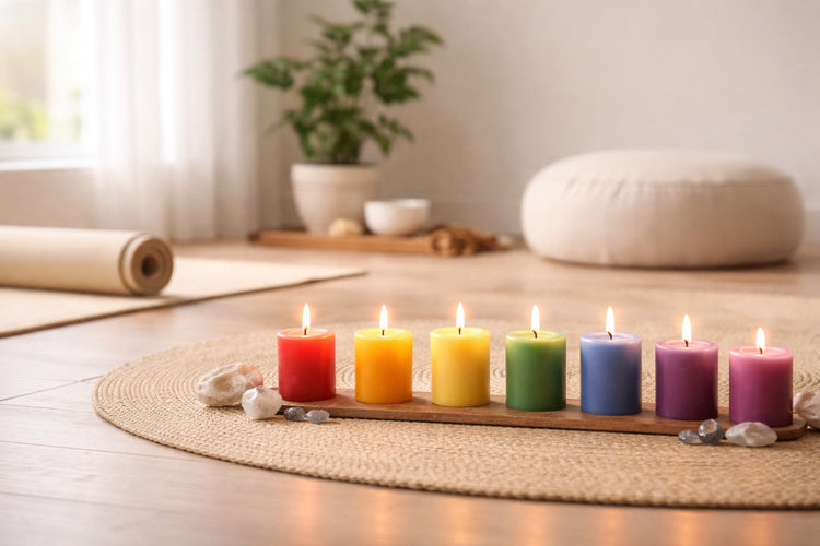 Chakra Kerzen für Yoga, Meditation und achtsame Rituale in ruhiger Wohnatmosphäre