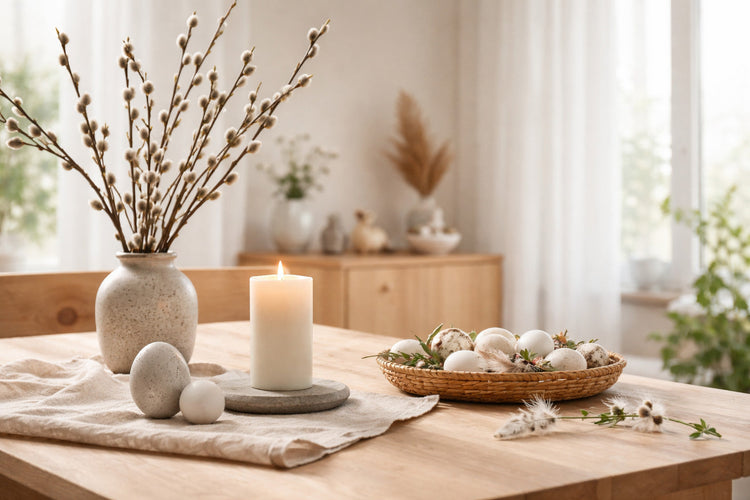 Minimalistische Oster- und Frühlingsdeko mit Kerze, Naturzweigen und dekorativen Eiern in heller, ruhiger Wohnatmosphäre
