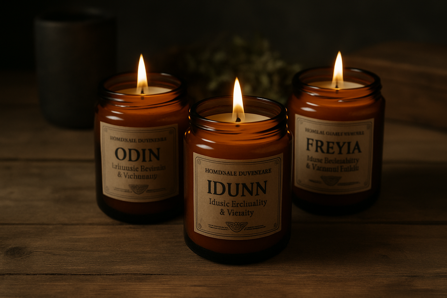 Handgemachte nordische Duftkerzen im bernsteinfarbenen Glas, inspiriert von Odin, Idunn und Freyja – hochwertige Sojawachskerzen für Rituale, Achtsamkeit und nordische Mythologie.