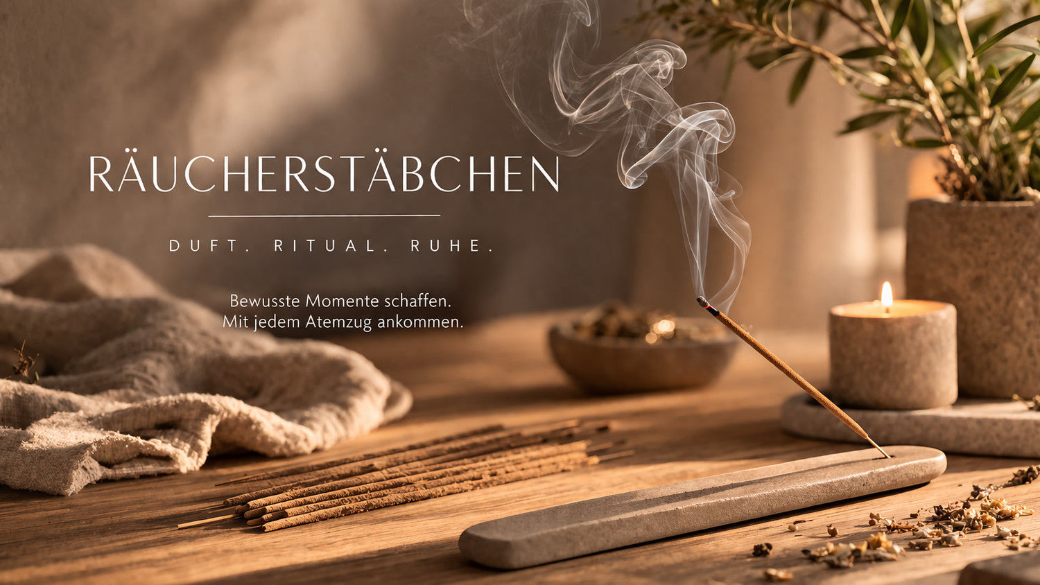 Räucherstäbchen im Halter mit aufsteigendem Rauch in ruhigem, minimalistischem Ambiente – für Duft, Ritual und entspannte Atmosphäre