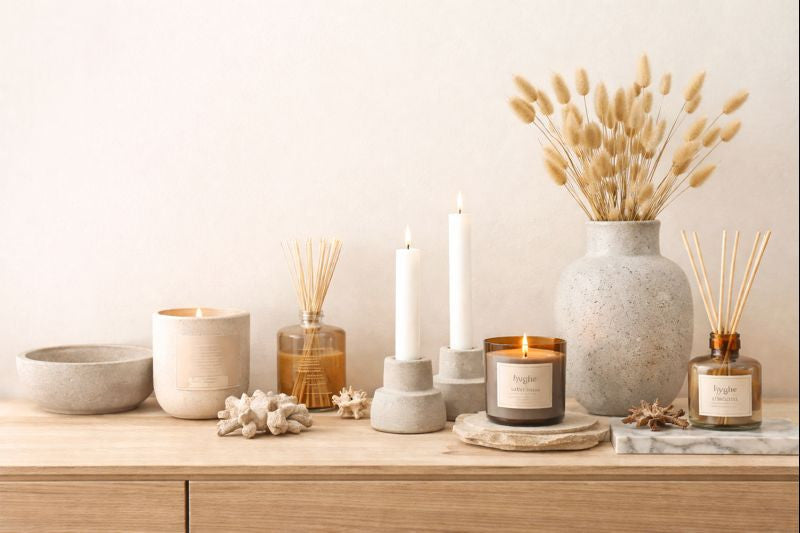 Skandi-Design Wohnszene mit handgemachten Kerzen, minimalistischer Deko aus Beton und Keramik in ruhigen Naturfarben – zeitlos skandinavisch wohnen.