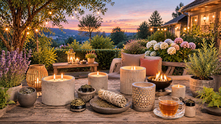 Warmer Sommerabend im Garten mit Citronella-Kerzen, Grill, Wein und stimmungsvoller Outdoor-Dekoration von SteinKunstWerk