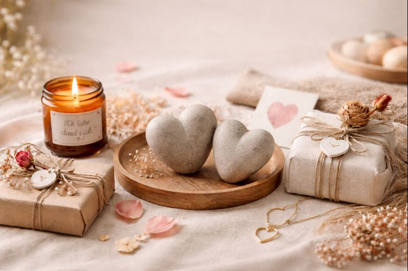 Handgemachte Valentinsgeschenke mit Kerze, Herz-Deko und liebevoll verpackten Geschenkideen in natürlicher, ruhiger Atmosphäre