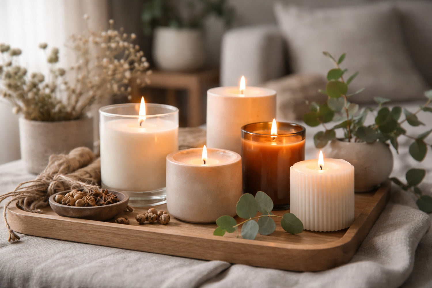 Vegane Duftkerzen in stilvollem Arrangement – nachhaltige Kerzen für eine warme und entspannte Wohnatmosphäre