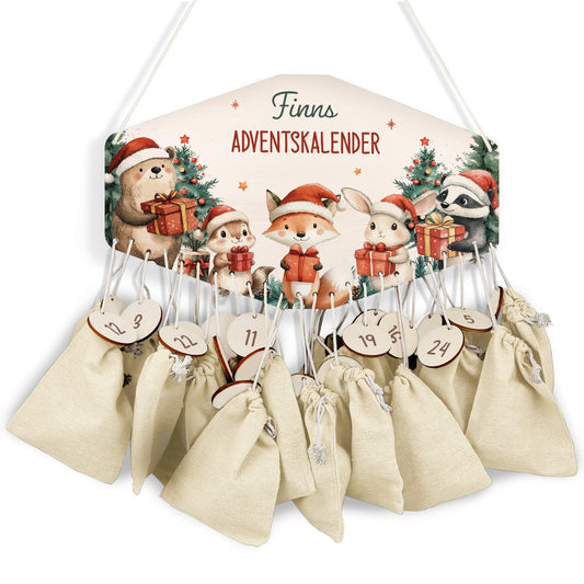 Personalisierter Holz-Adventskalender „Tiere mit Geschenken“ – mit Name