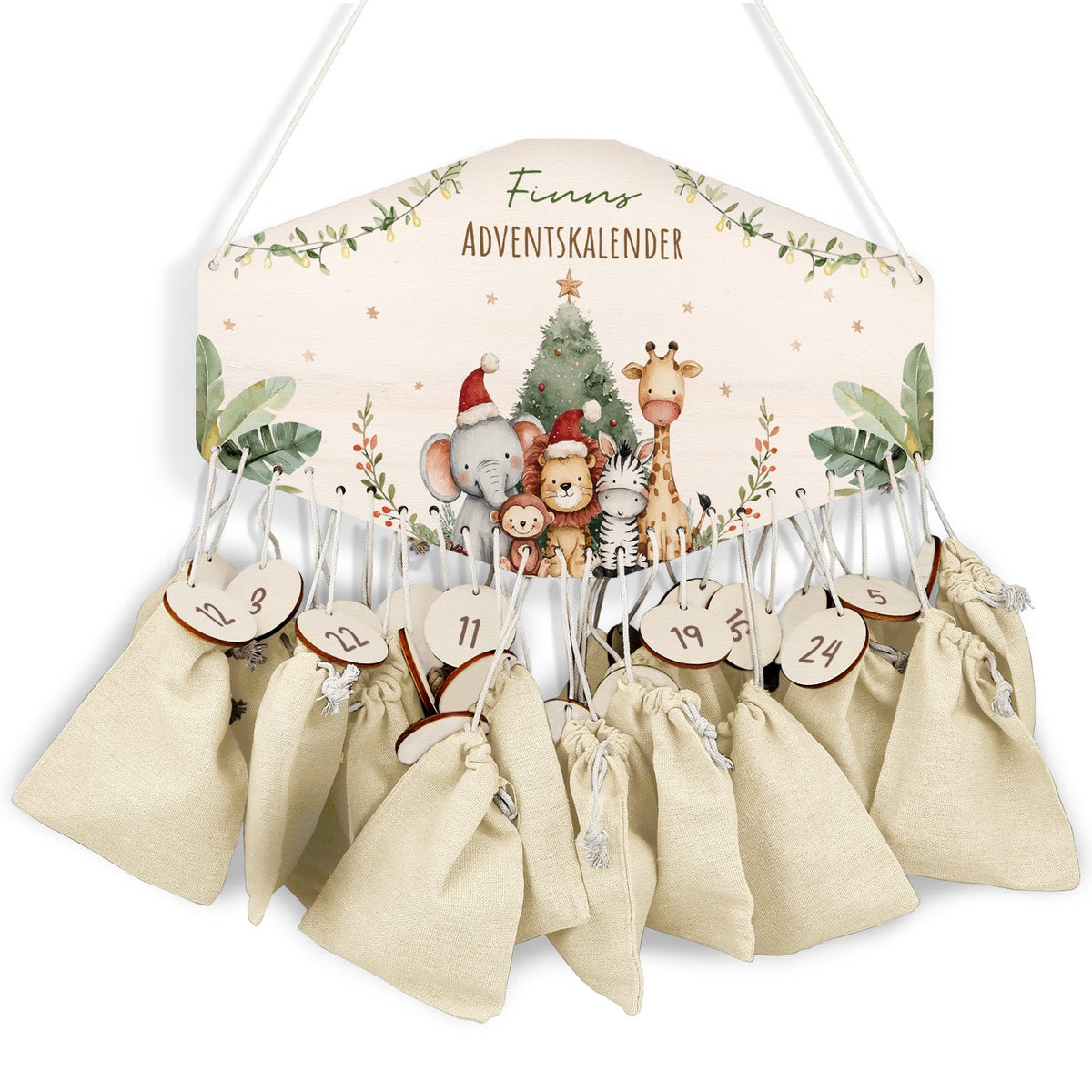 Personalisierter Holz-Adventskalender „Weihnachts-Safari“ – mit Name
