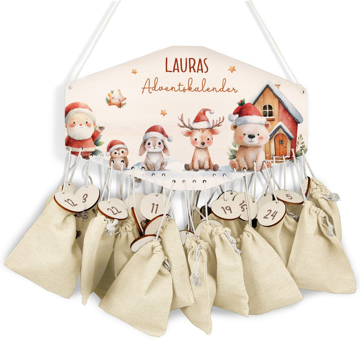 Personalisierter Holz-Adventskalender „Schneetiere“ – mit Name