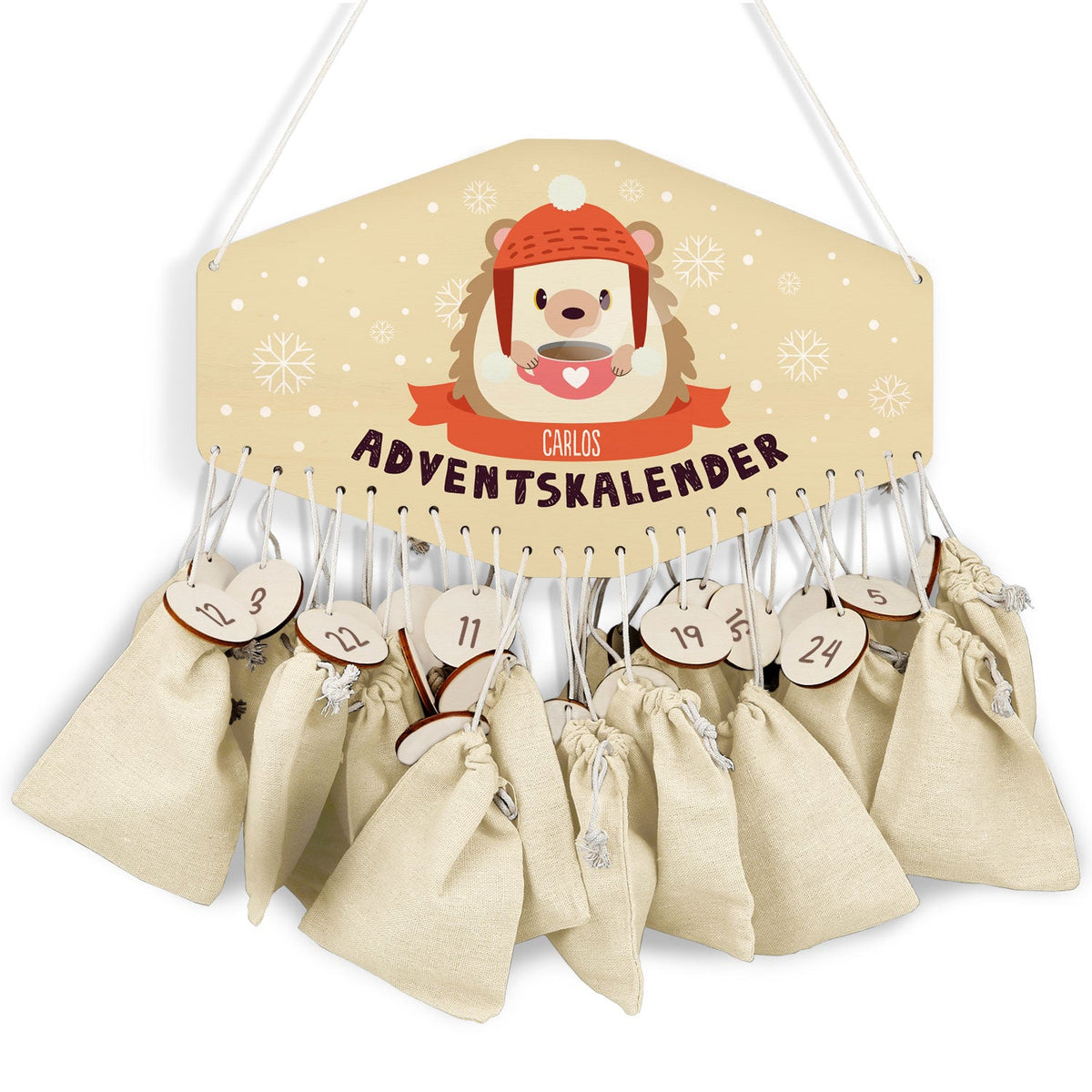 Gepersonaliseerde houten adventskalender „Winterdieren“ – met naam