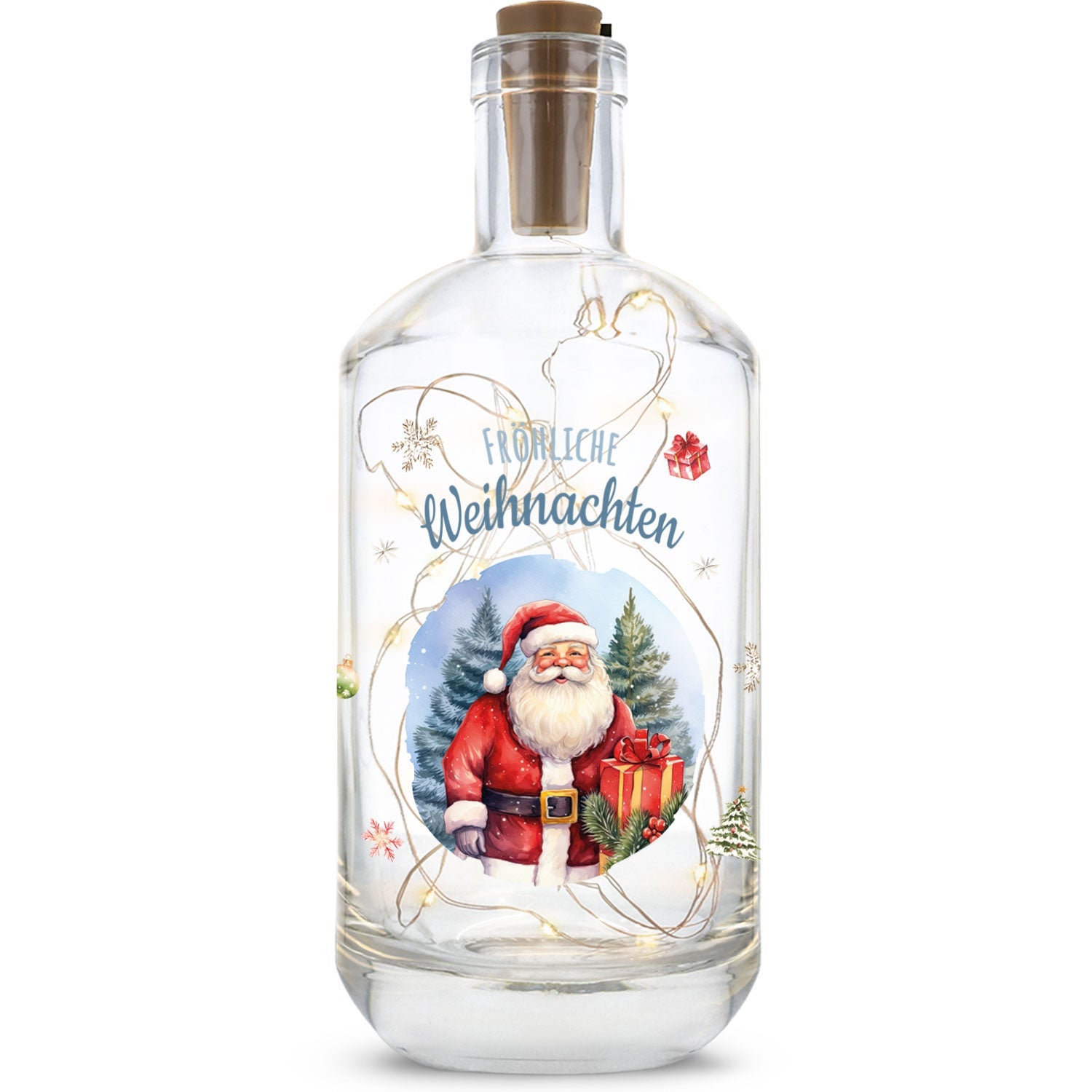 LED-Flaschenlicht „Weihnachtsmann“ – Produktansicht mit Weihnachtsmannmotiv