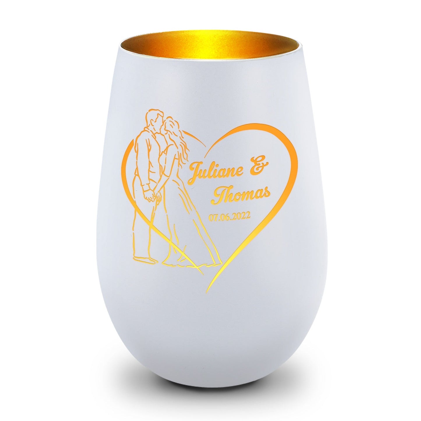 Personalisiertes Hochzeits-Windlicht „Hochzeitskuss“ – Name & Datum