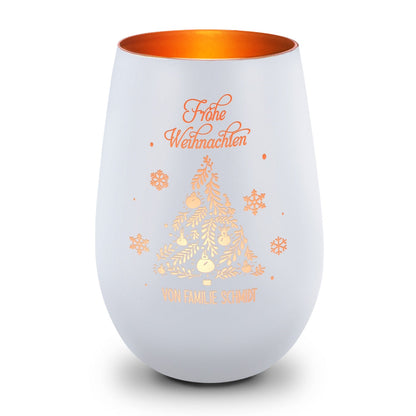 Personalisiertes Windlicht Frohe Weihnachten in Weiß-Bronze – Produktansicht