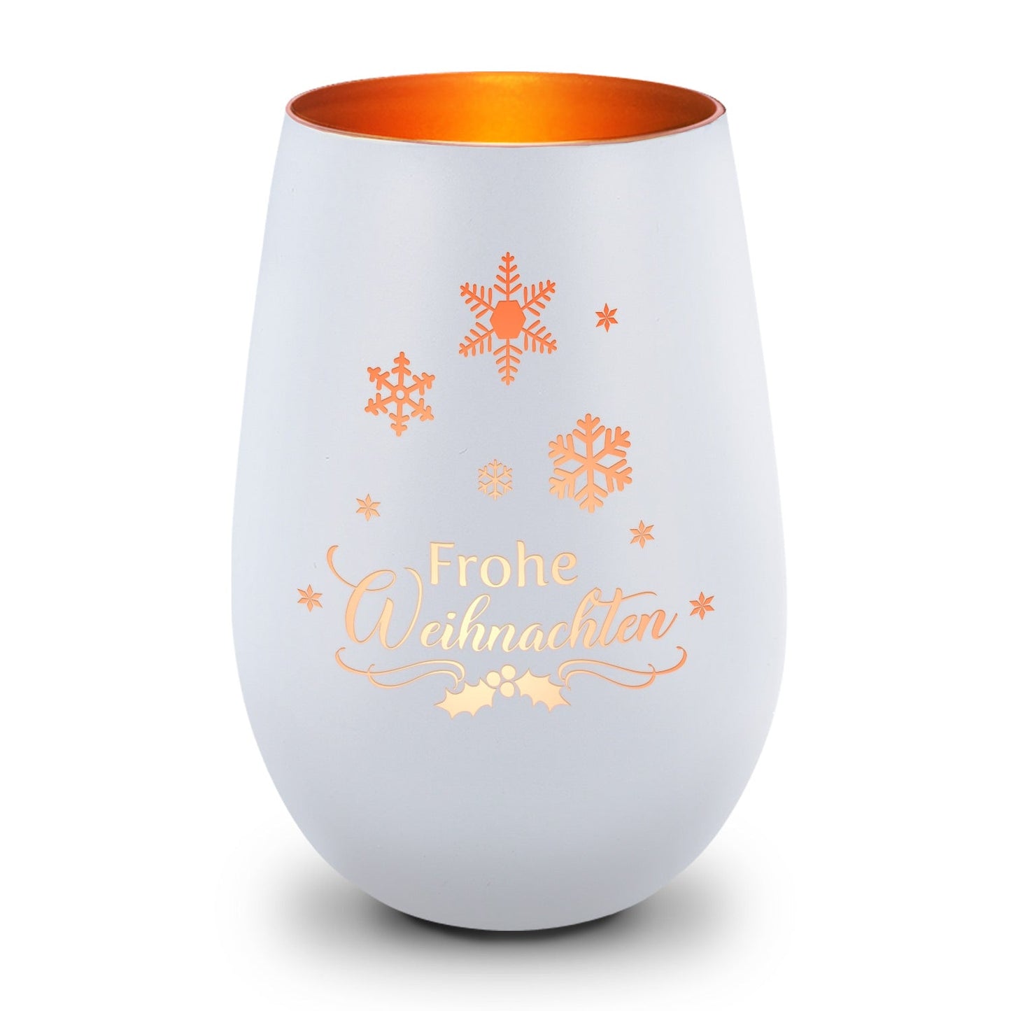 Windlicht Frohe Weihnachten Schneeflocke in Weiß-Bronze – Produktansicht