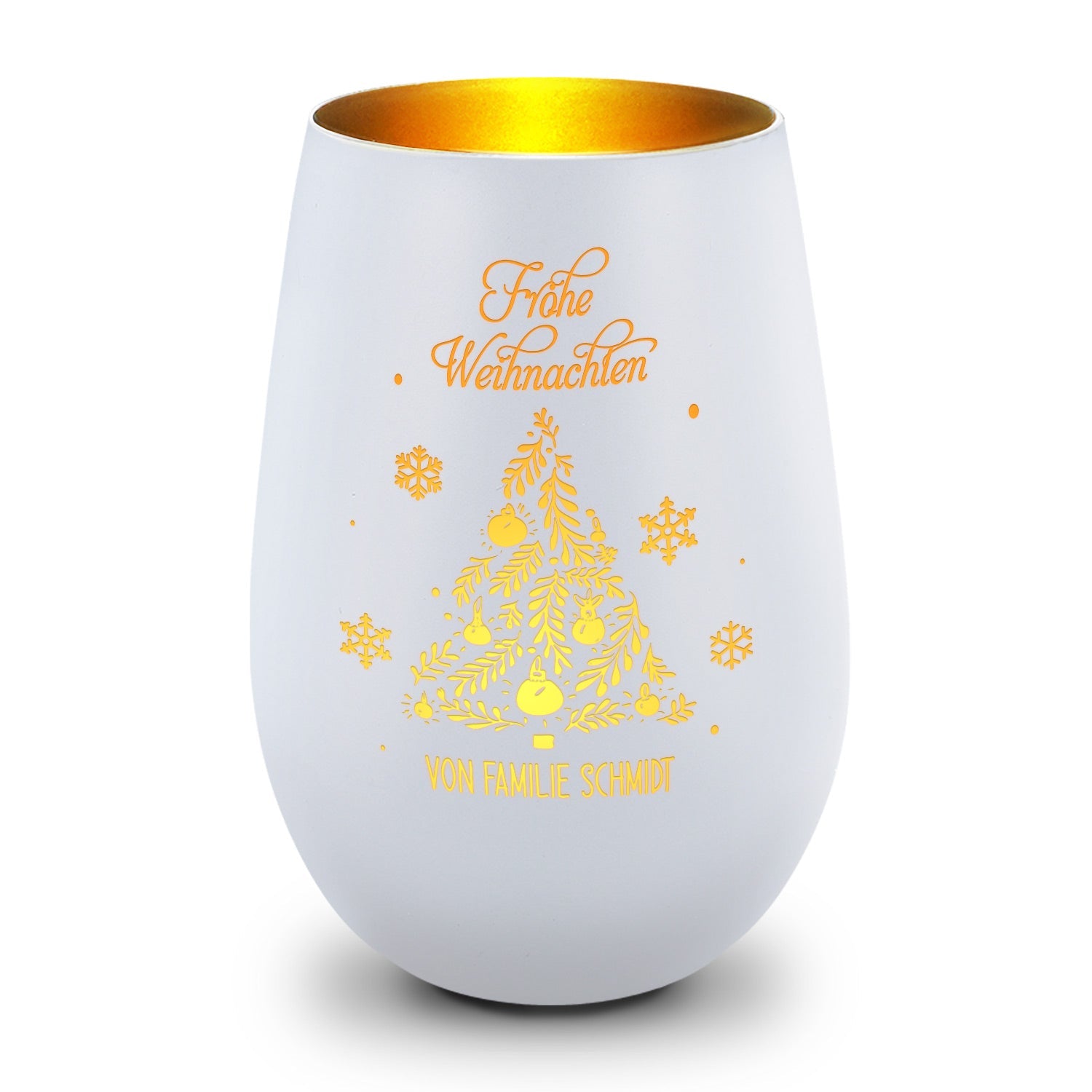 Personalisiertes Windlicht Frohe Weihnachten in Weiß-Gold – Produktansicht