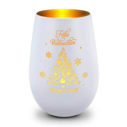 Personalisiertes Windlicht Frohe Weihnachten in Weiß-Gold – Produktansicht
