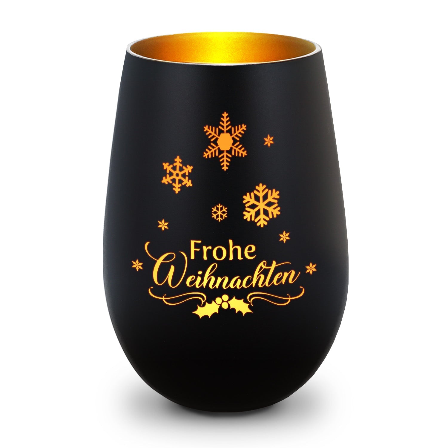 Windlicht Frohe Weihnachten Schneeflocke in Schwarz-Gold – Produktansicht