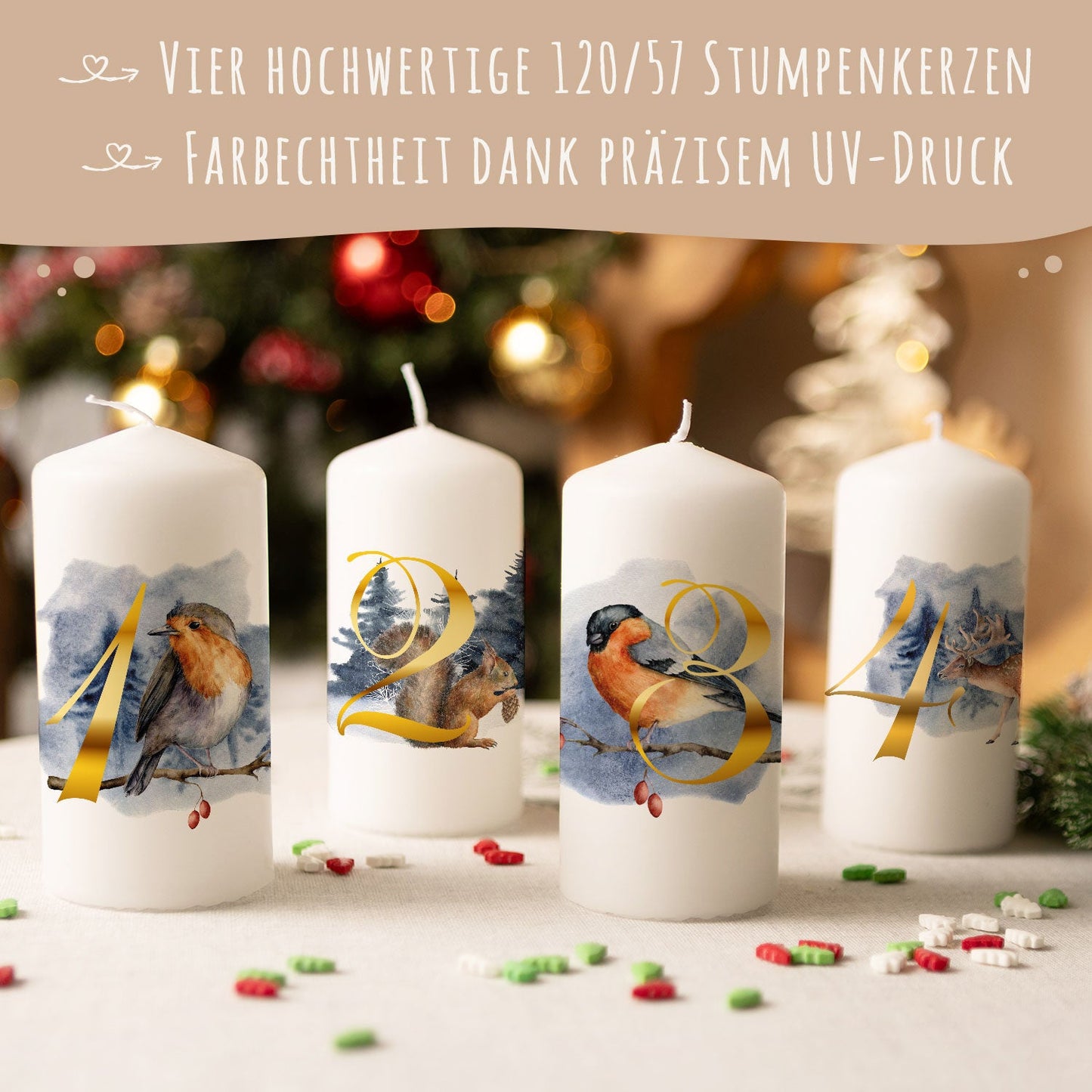 Adventskerzen „Tiere“ – 4er-Set mit Wintermotiven