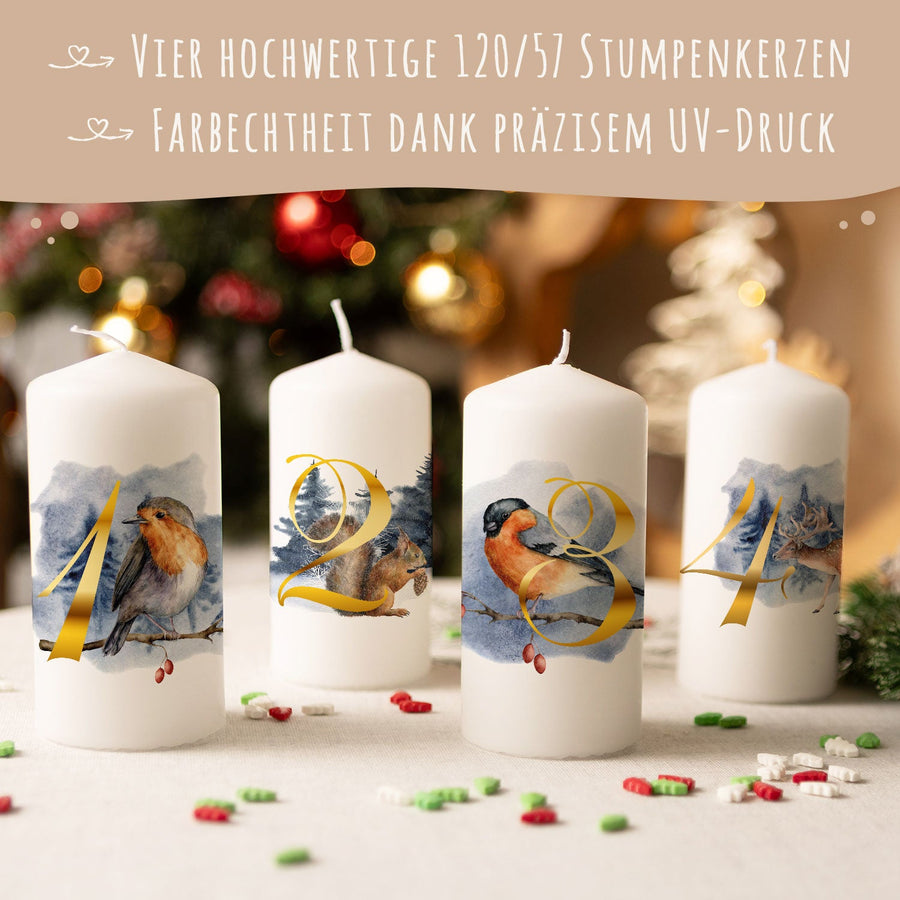Adventskerzen „Tiere“ – 4er-Set mit Wintermotiven