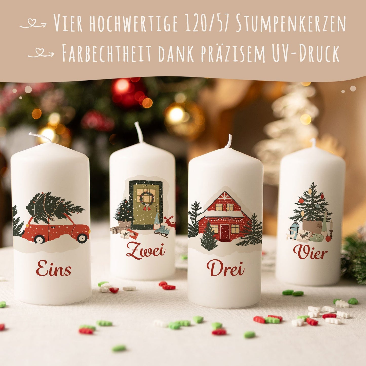 Adventskerzen „Weihnachtsmotive“ – 4er-Set