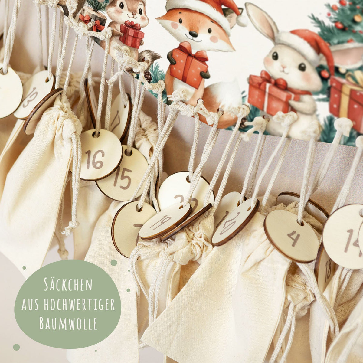 Gepersonaliseerde houten adventskalender „Dieren met cadeaus“ – met naam