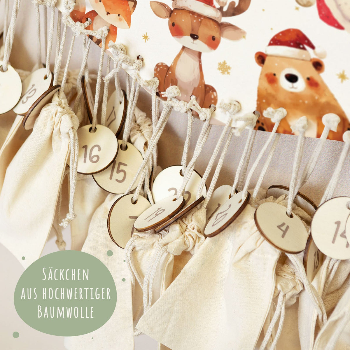 Gepersonaliseerde houten adventskalender „Bosdieren met mutsen“ – met naam