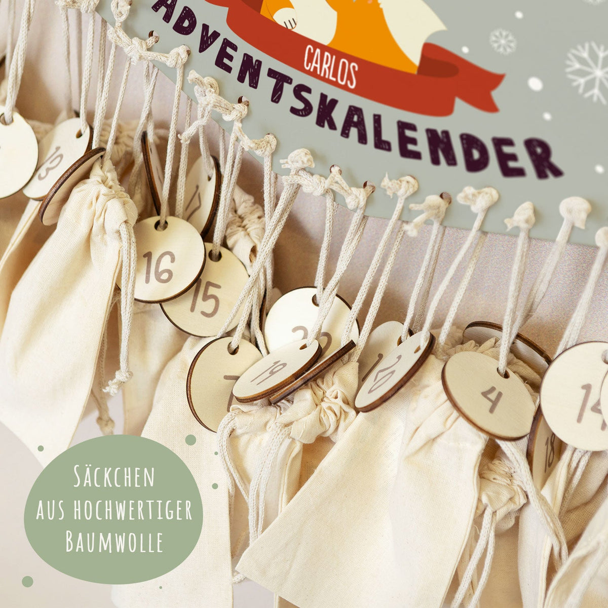 Gepersonaliseerde houten adventskalender „Winterdieren“ – met naam