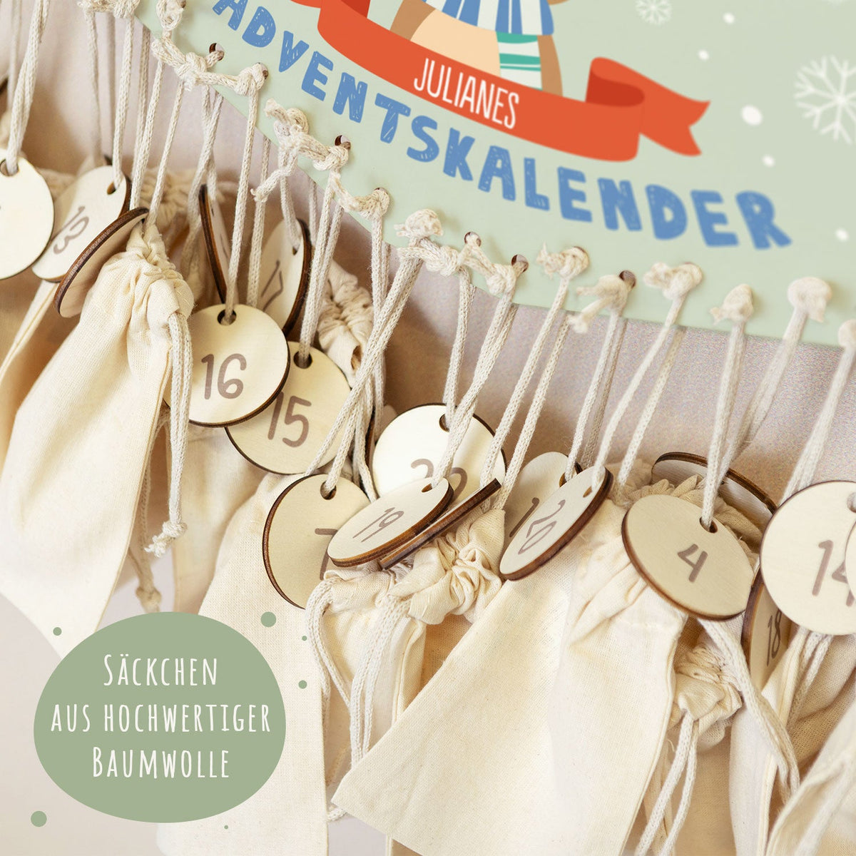 Gepersonaliseerde houten adventskalender „Winterdieren“ – met naam