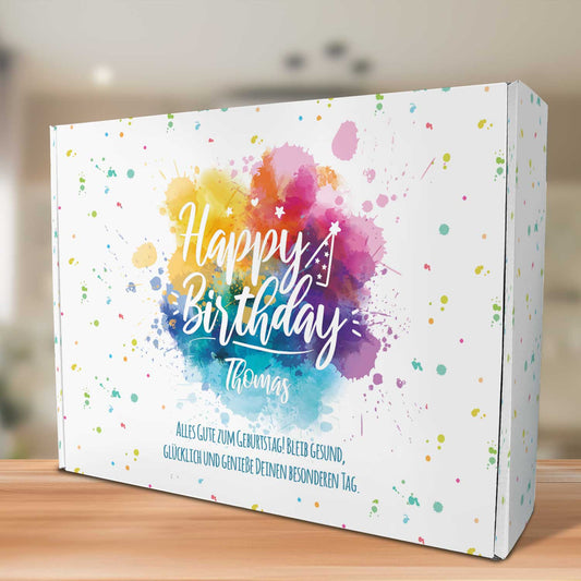 Boîte cadeau Color Splash avec texte personnalisé – vue en perspective