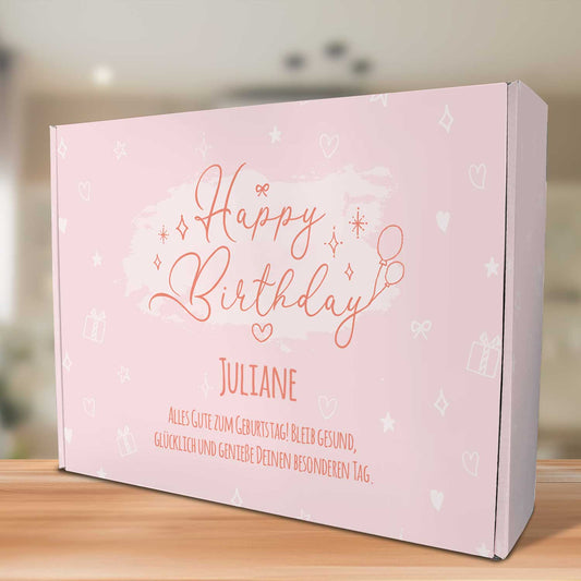 Personalized Pink Happy Birthday gift box – perspective view