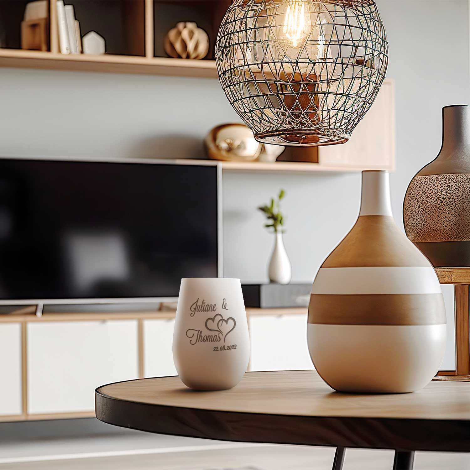 Windlicht „Die große Liebe“ – Glas- und Gravuransicht