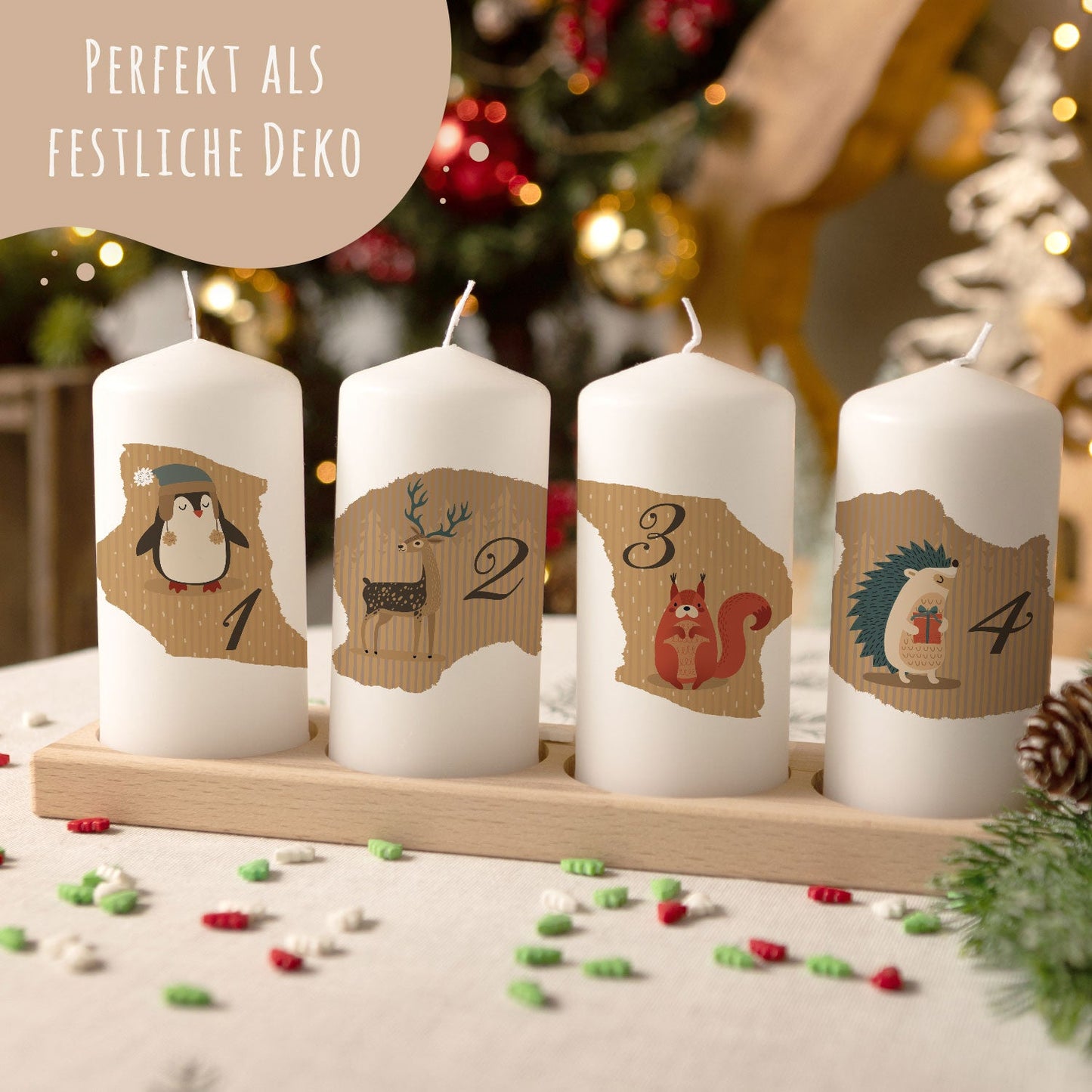 Adventskerzen „Tiere Vintage“ – 4er-Set