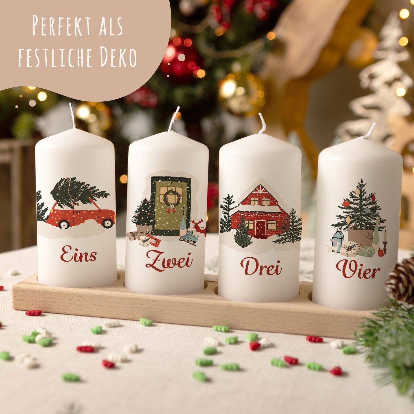 Adventskerzen „Weihnachtsmotive“ – 4er-Set